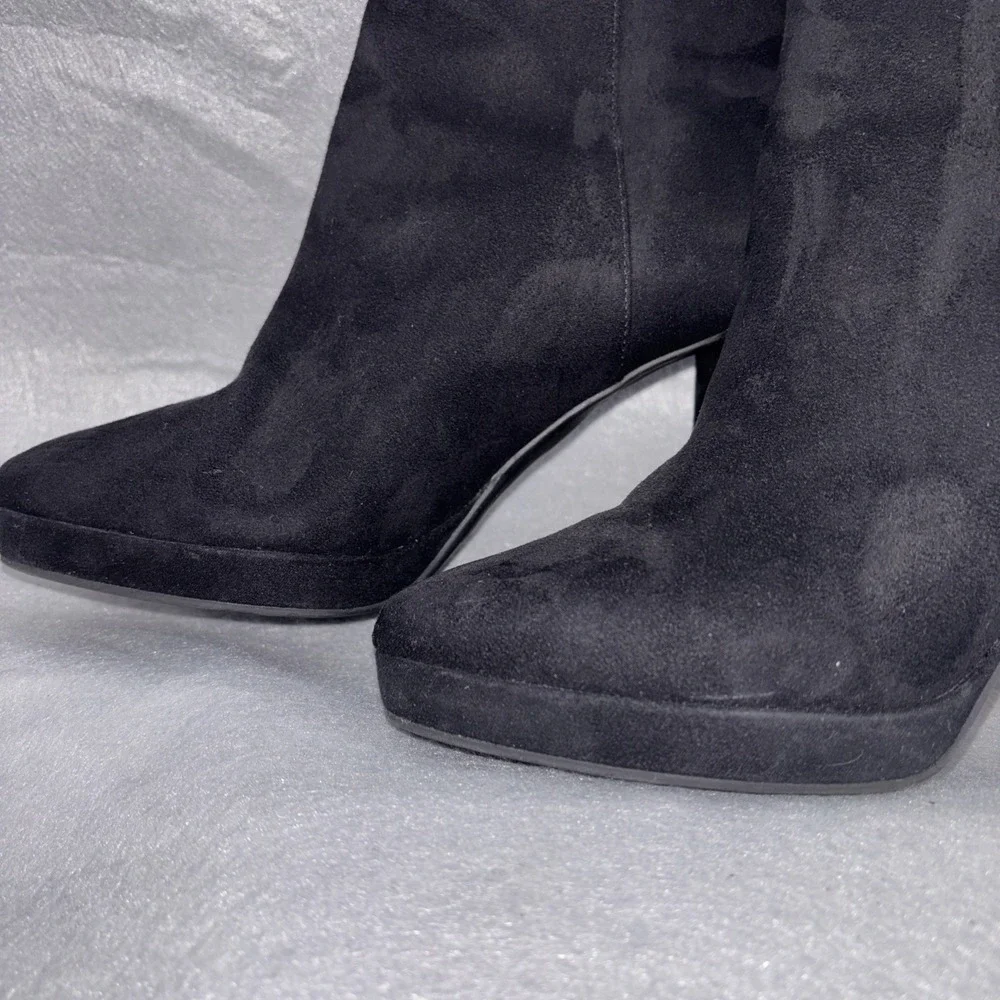 H&M Black Suede Platform High Heel Ankle‎ Boots Womens 6 Gold Tone Side Zip EUC